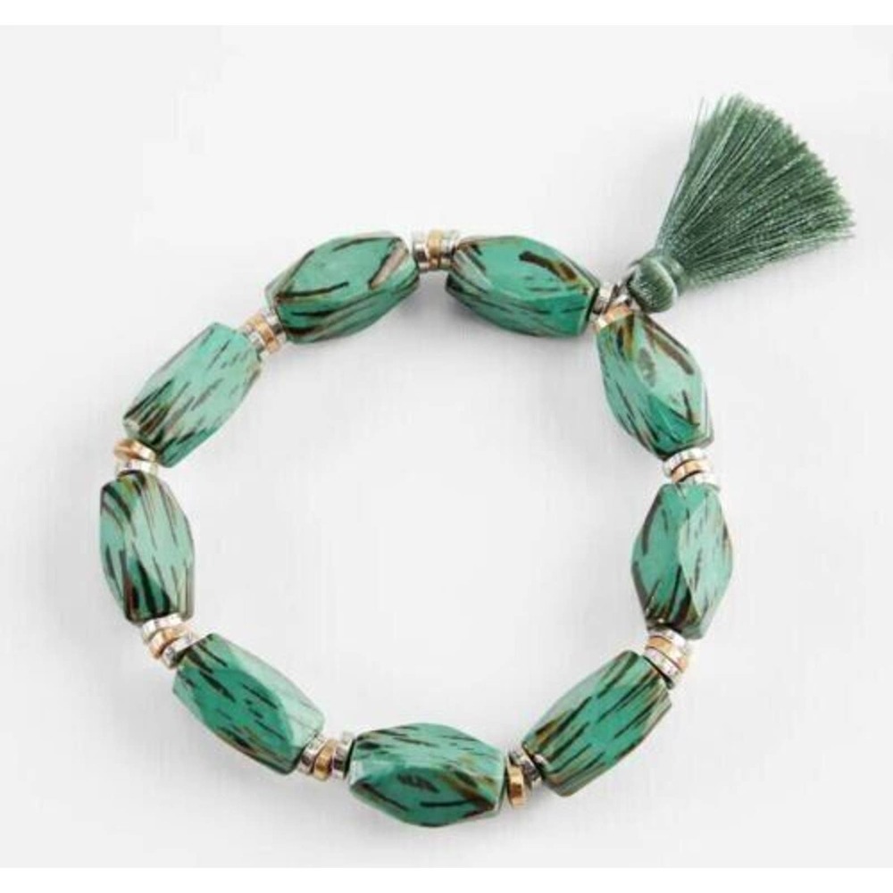 J Jill Riviera Tassel Stretch Bracelet Acrylic & Glass Green Bead Stretch NWT J2
